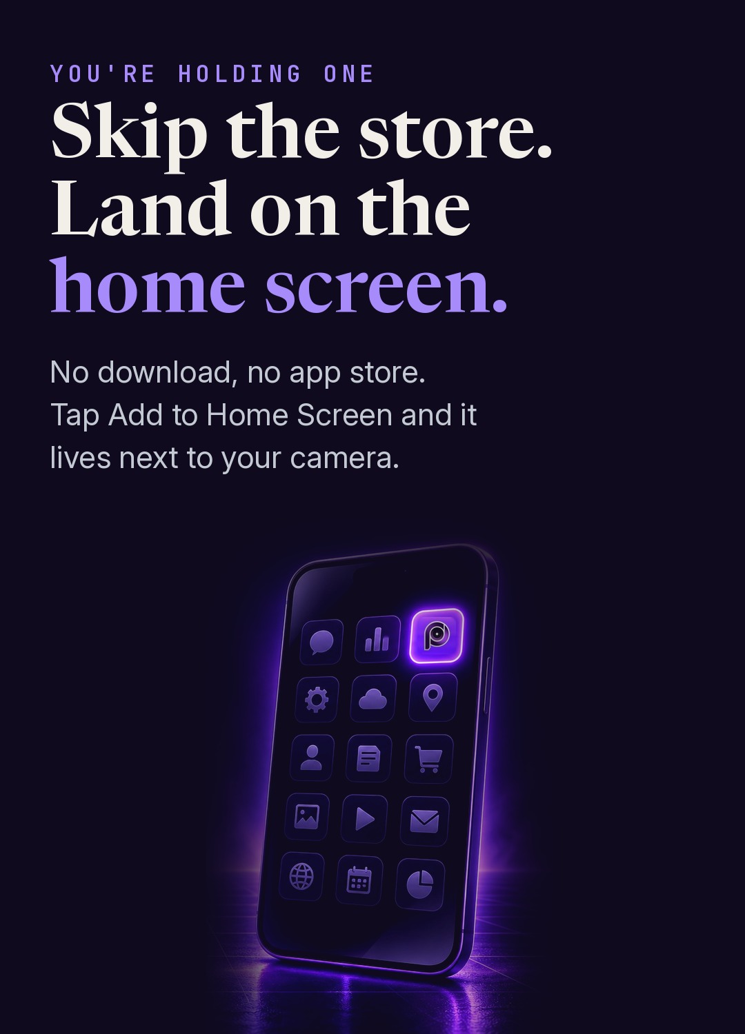 PiXENDA app on a phone home screen: skip the store, no download, just tap Add to Home Screen.